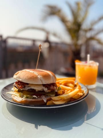 a plate of food and a drink