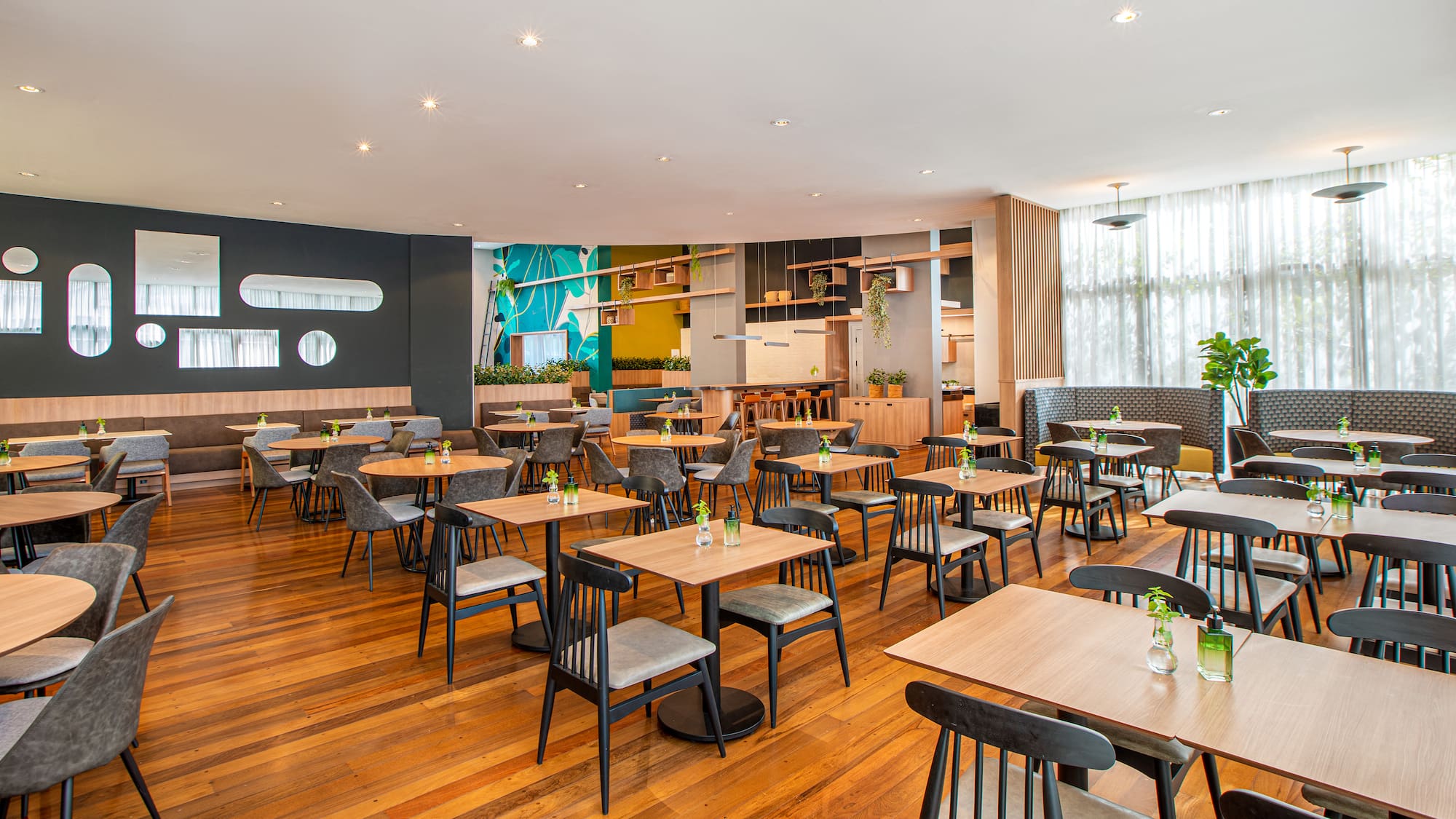 a room with tables and chairs