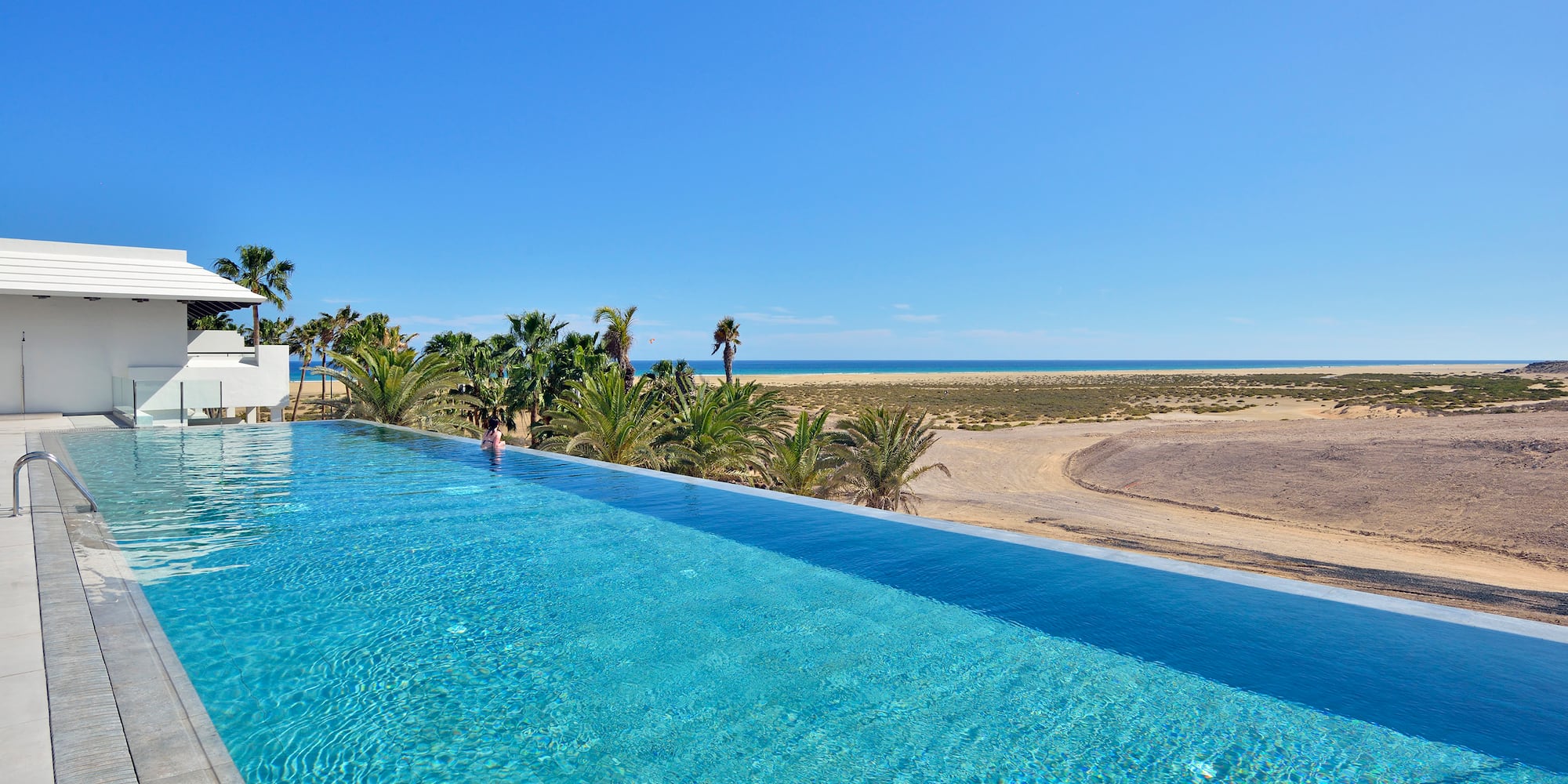 a pool with palm trees and a beach in the background