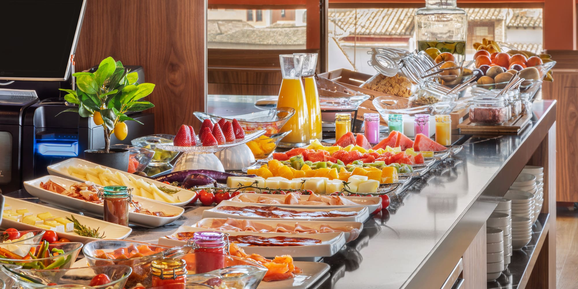 a buffet table full of food
