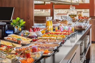 a buffet table full of food