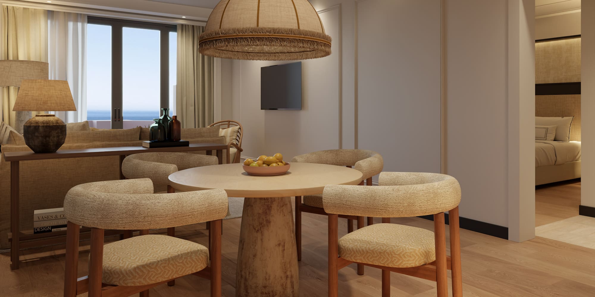 a room with a table and chairs