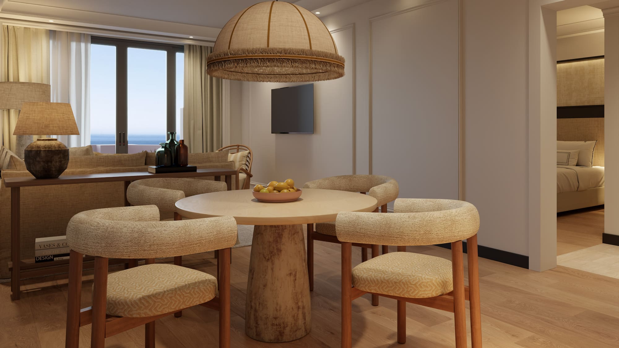 a room with a table and chairs