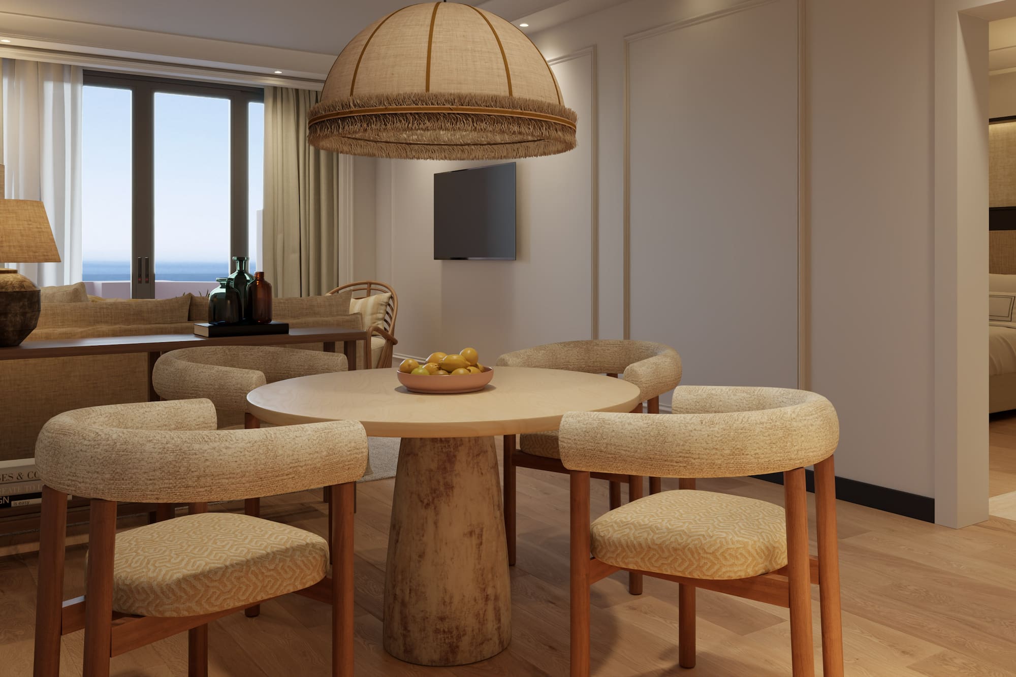 a room with a table and chairs