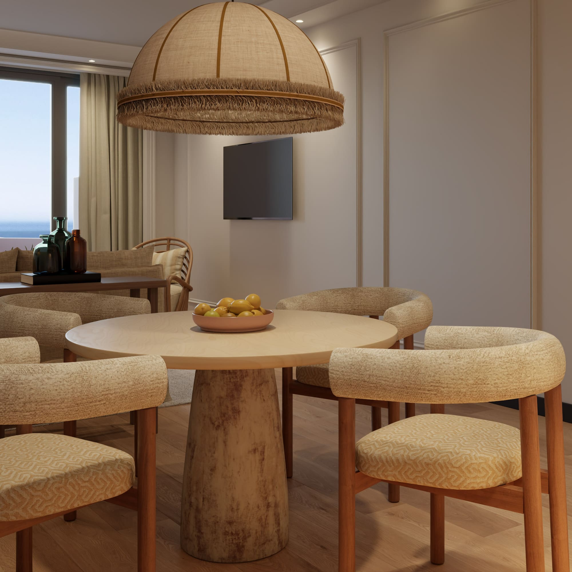 a room with a table and chairs