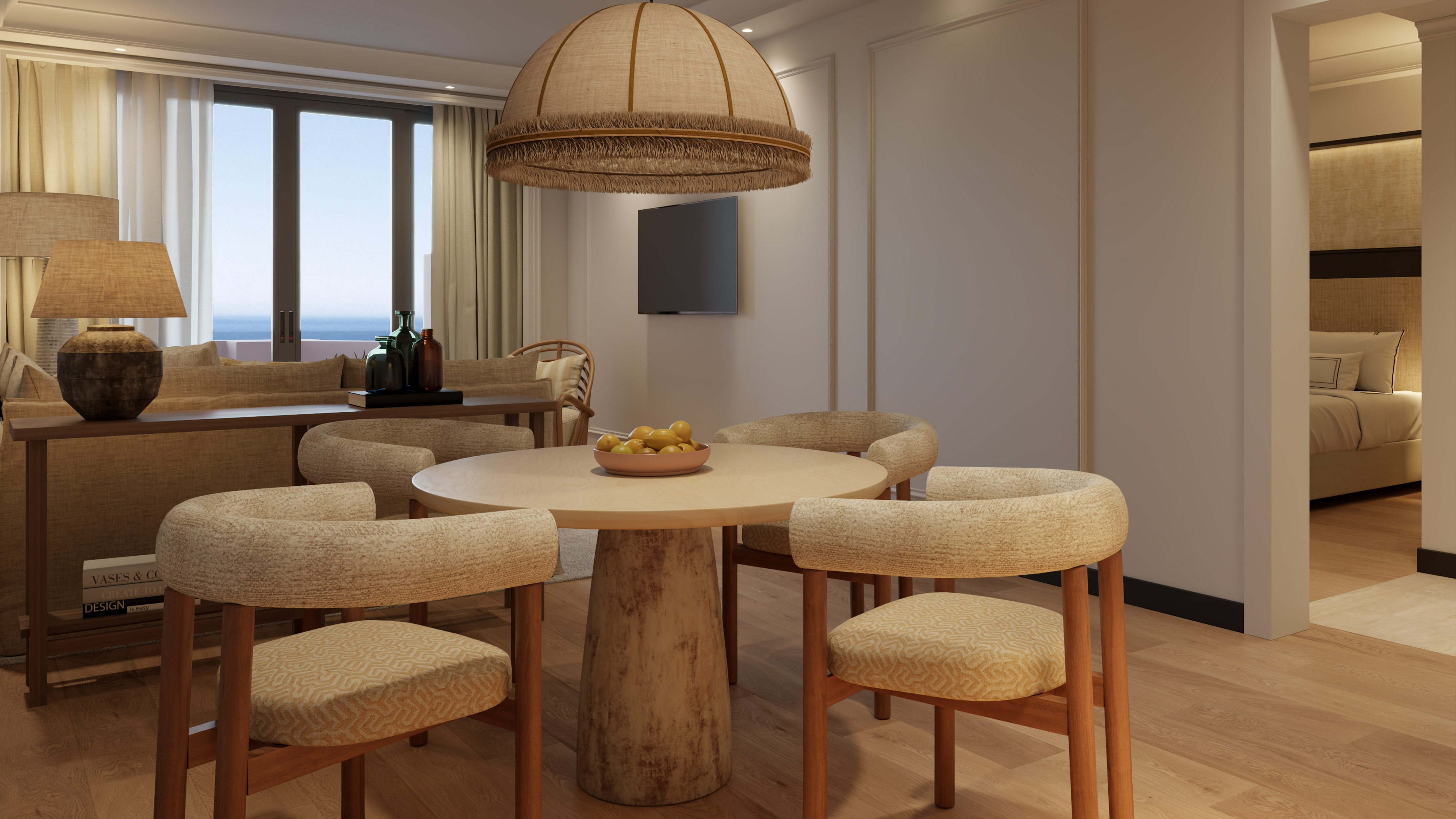 a room with a table and chairs