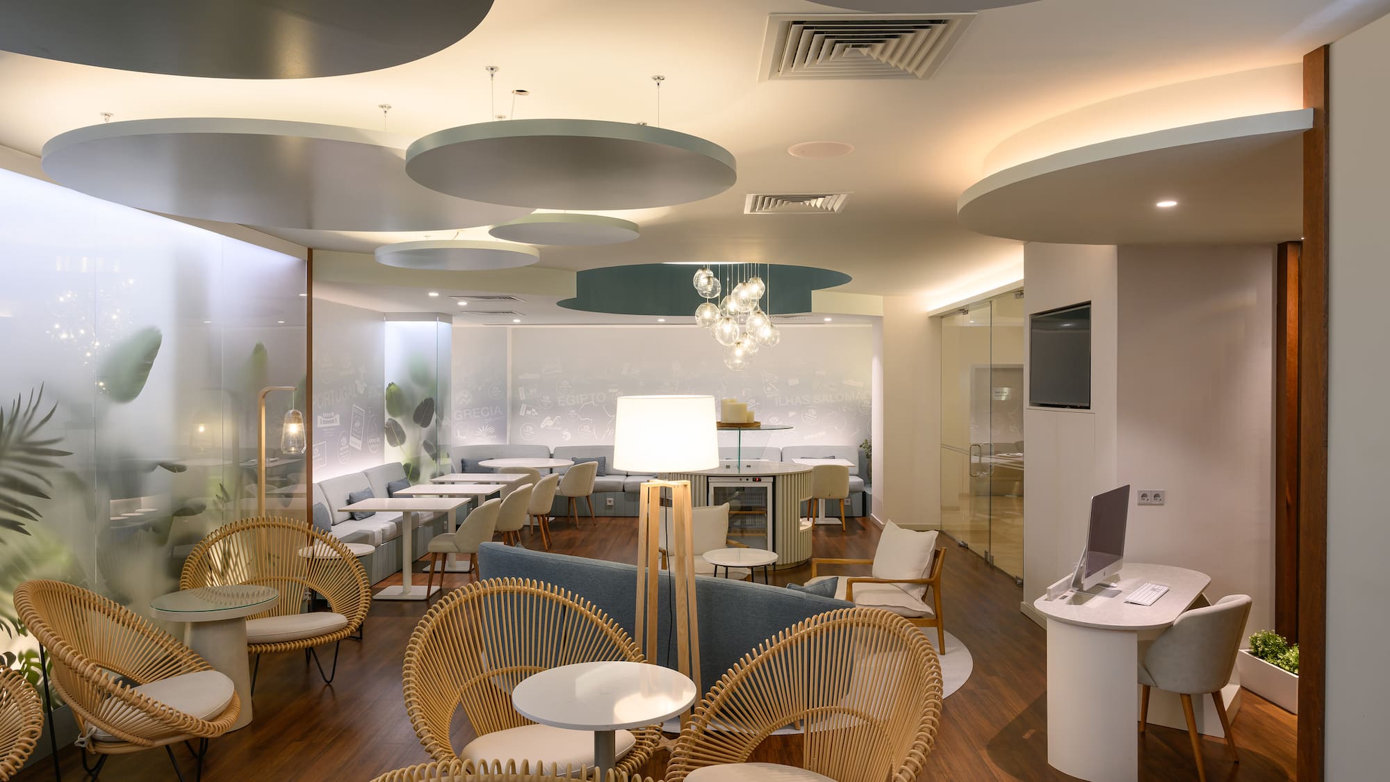 a room with tables and chairs