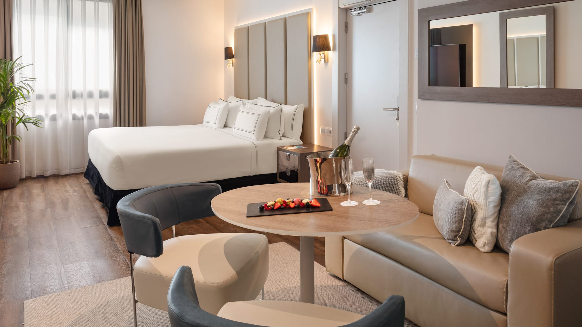 a room with a bed and a table
