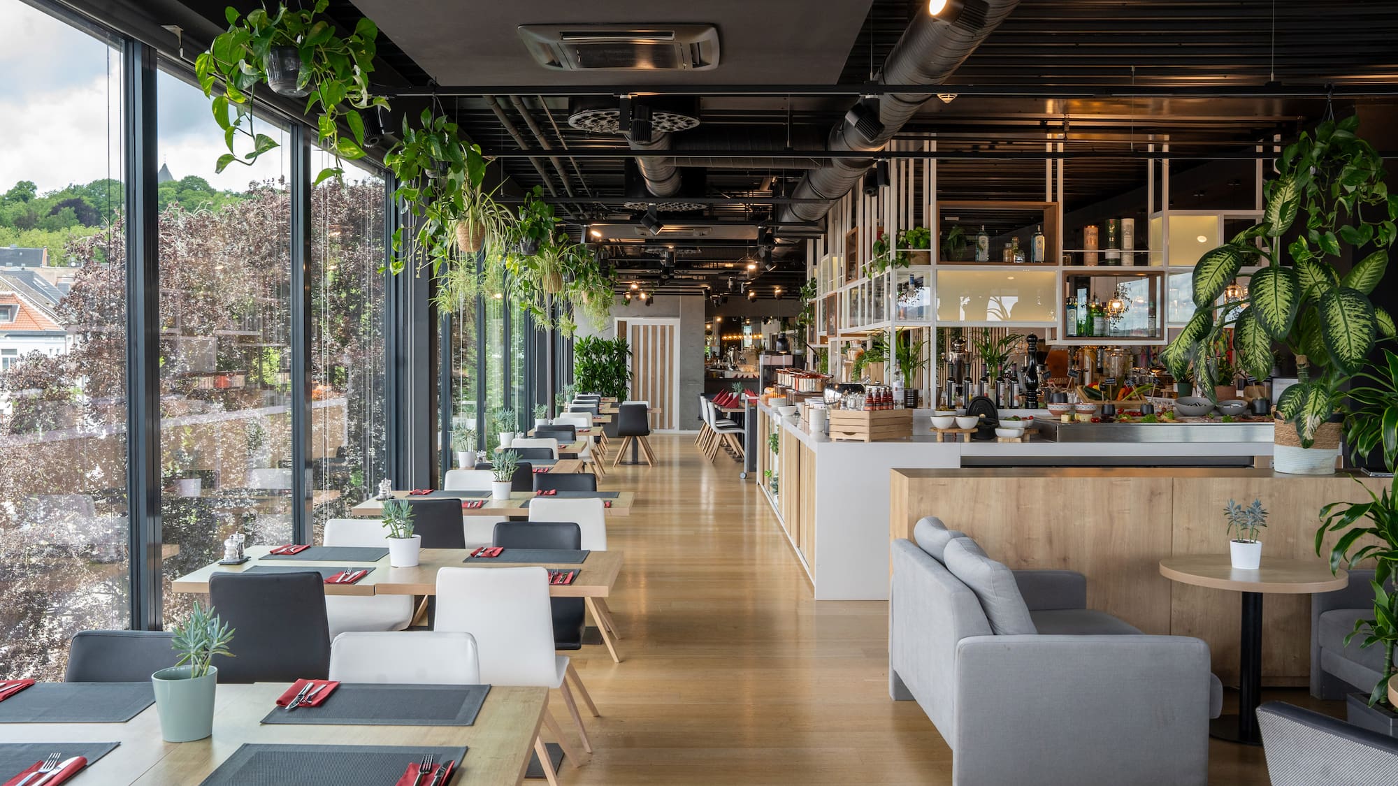 a restaurant with tables and chairs