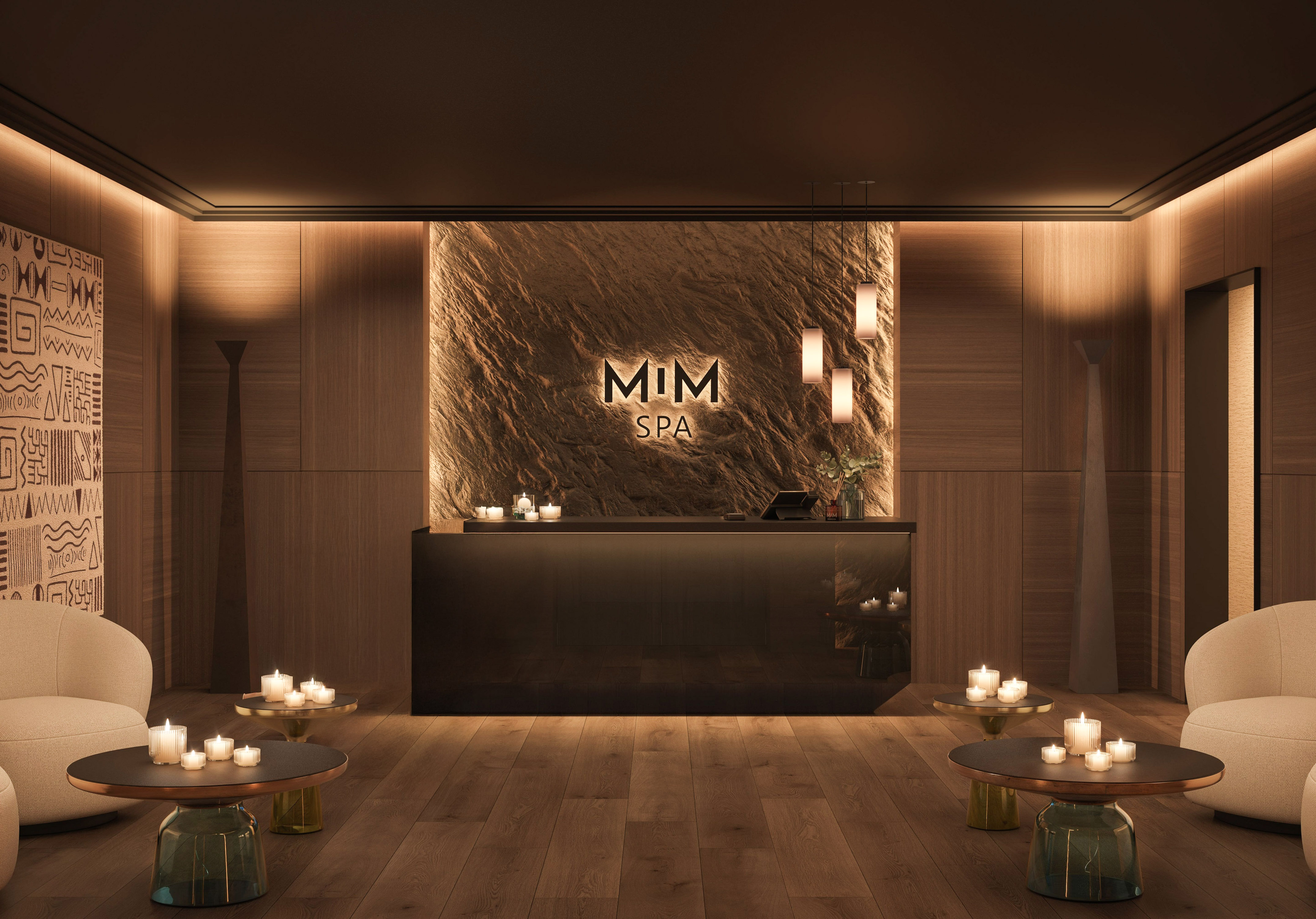 a reception area with candles on the wall