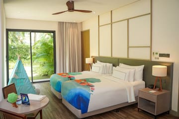 a room with a bed and a table