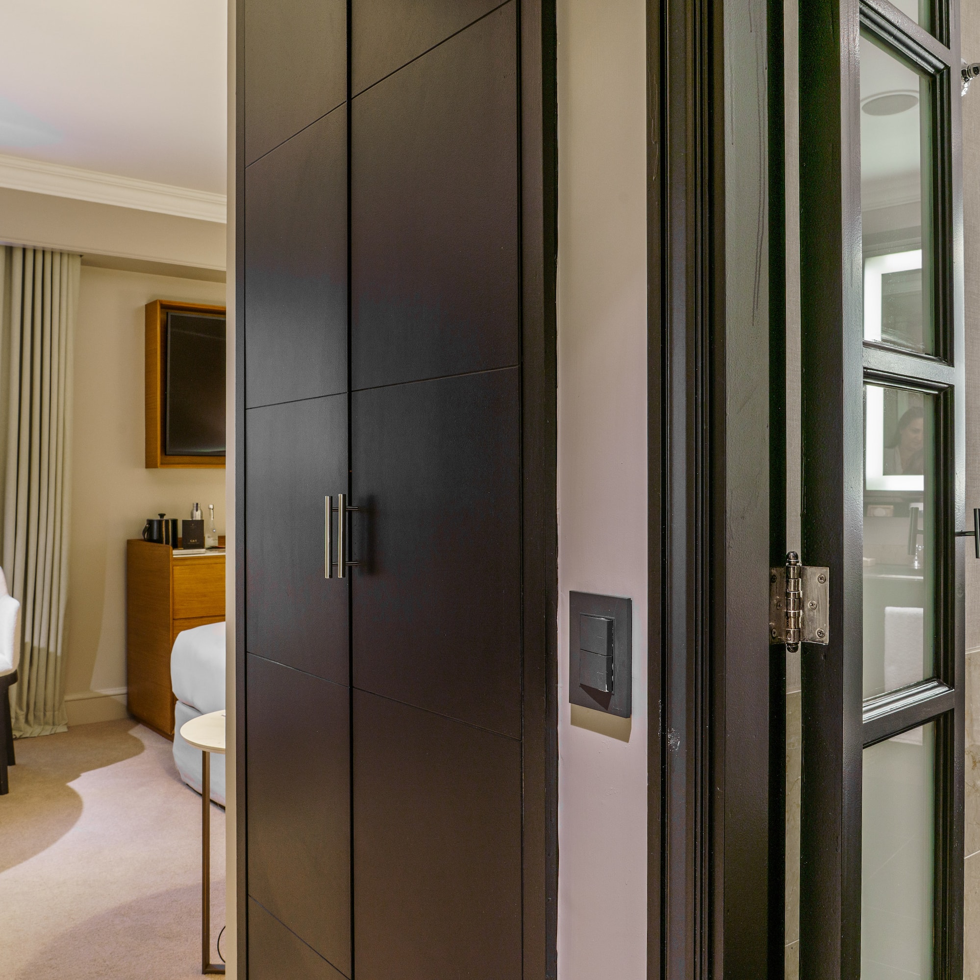 a room with a black door