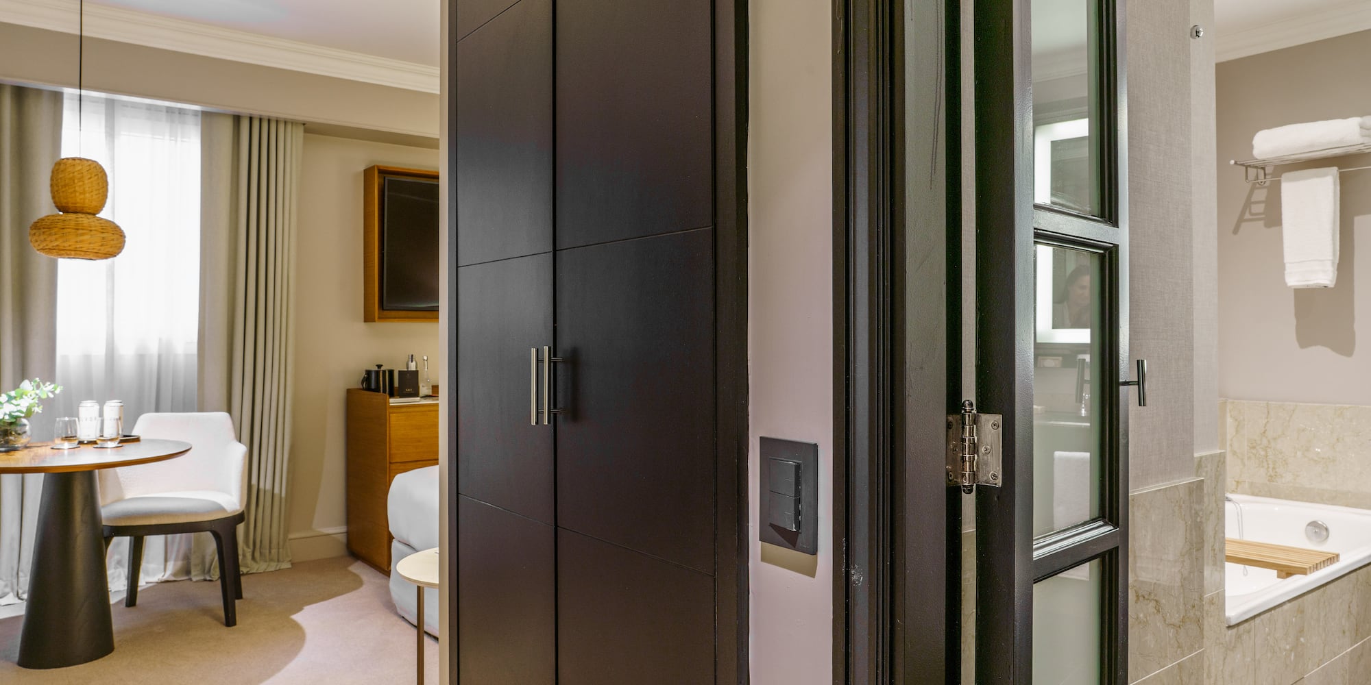 a room with a black door