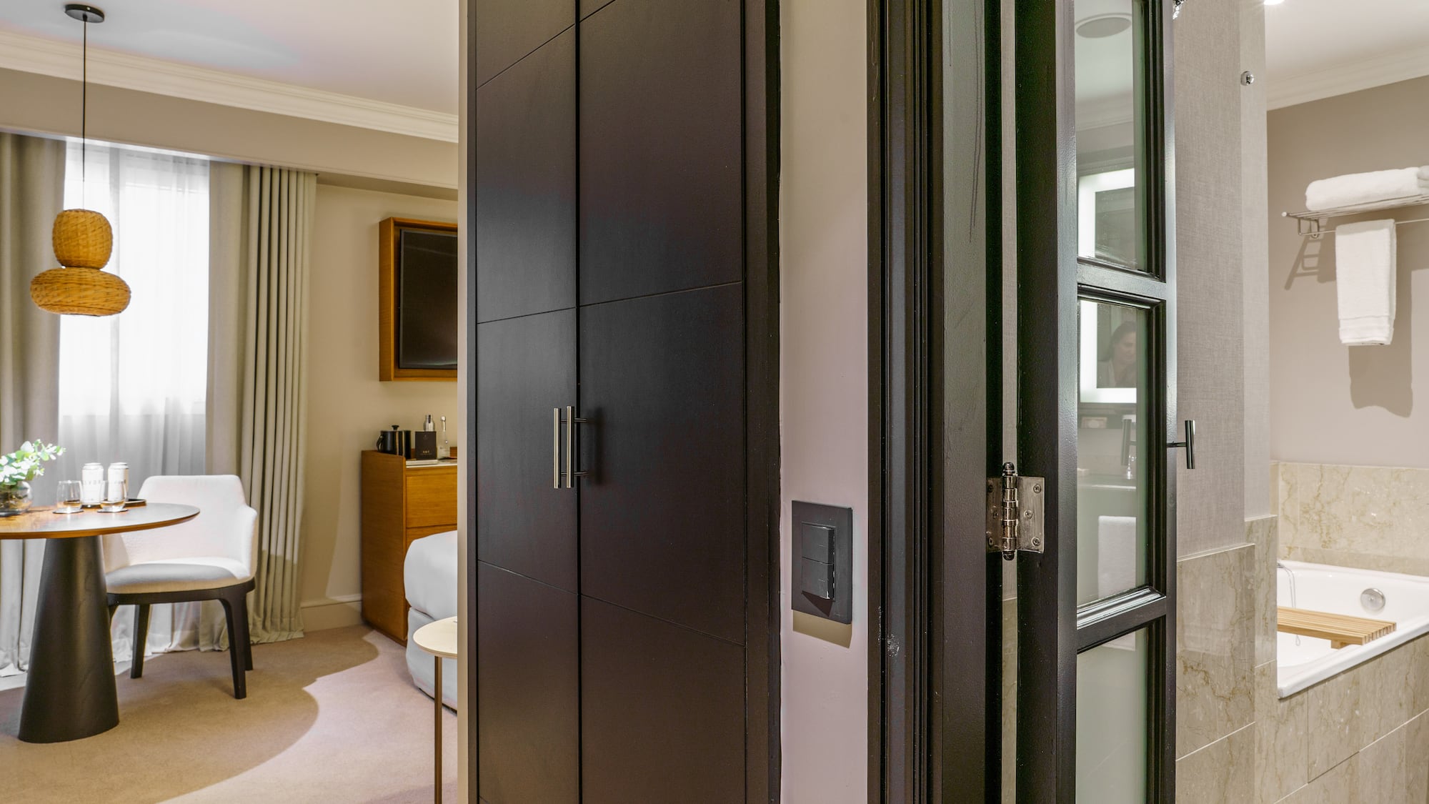 a room with a black door