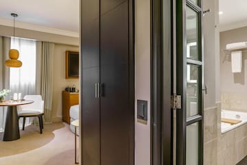 a room with a black door