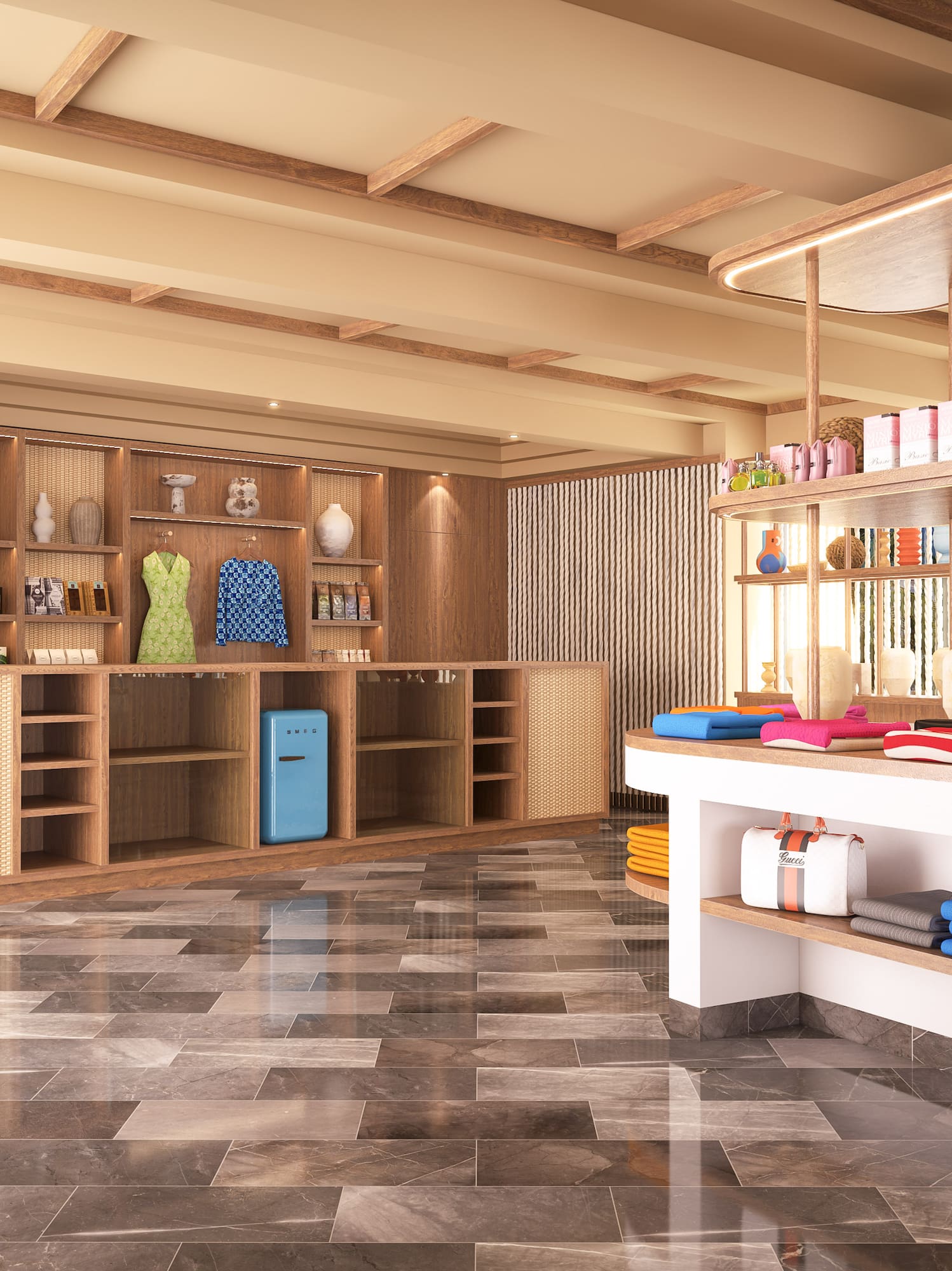 Boutique de moda con estanterías de madera, ropa exhibida y detalles de diseño.