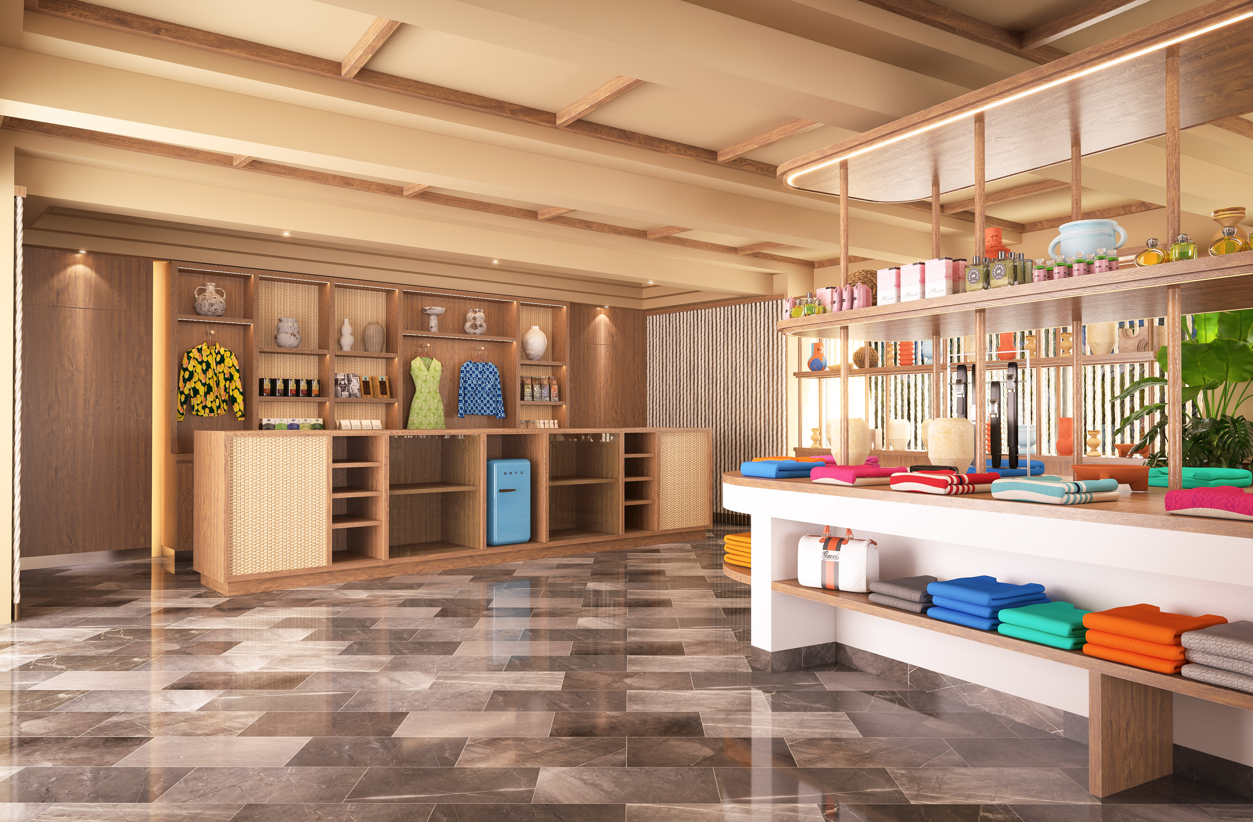 Boutique de moda con estanterías de madera, ropa exhibida y detalles de diseño.
