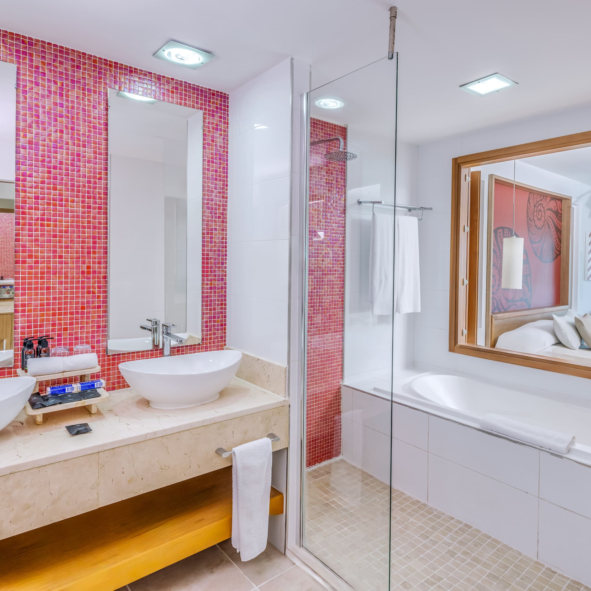 a bathroom with a shower and sink