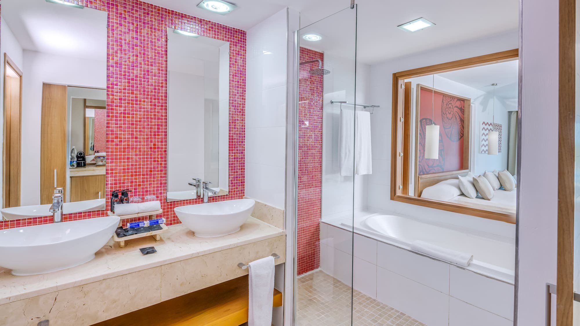 a bathroom with a shower and sink