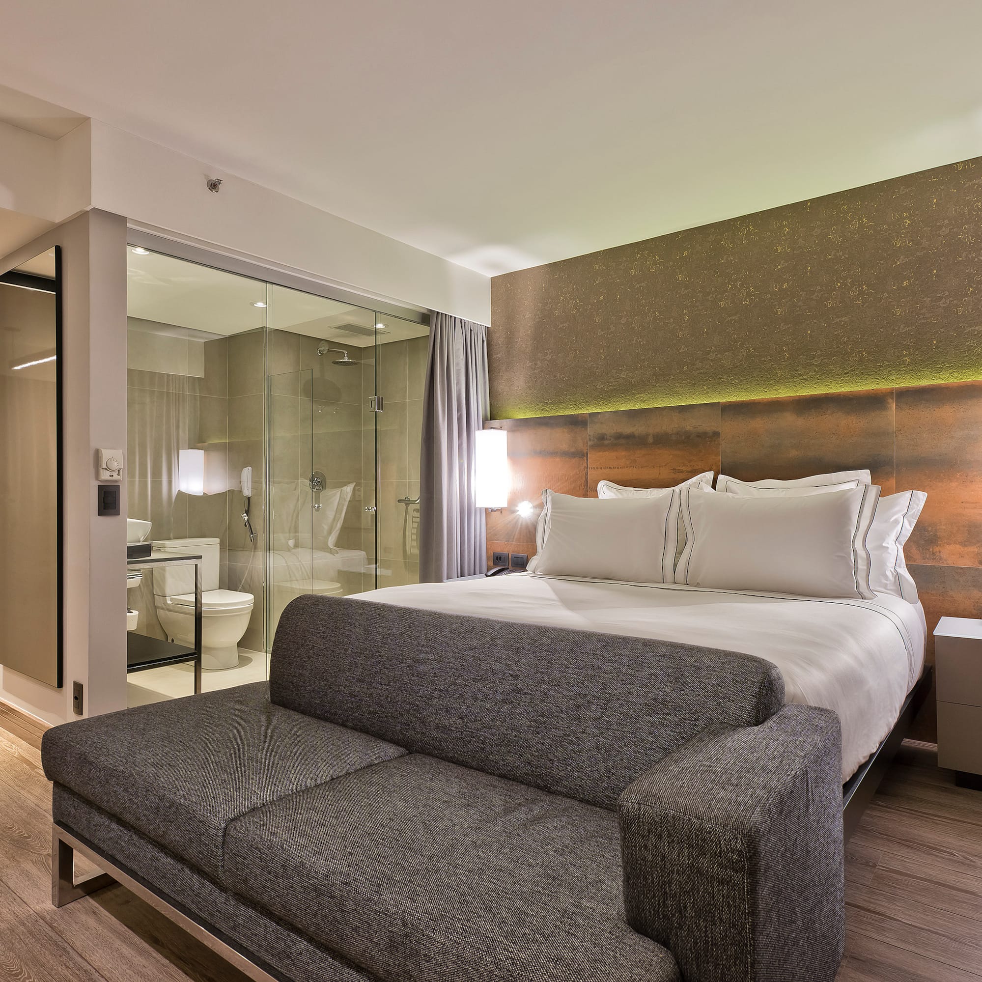 a bed in a hotel room