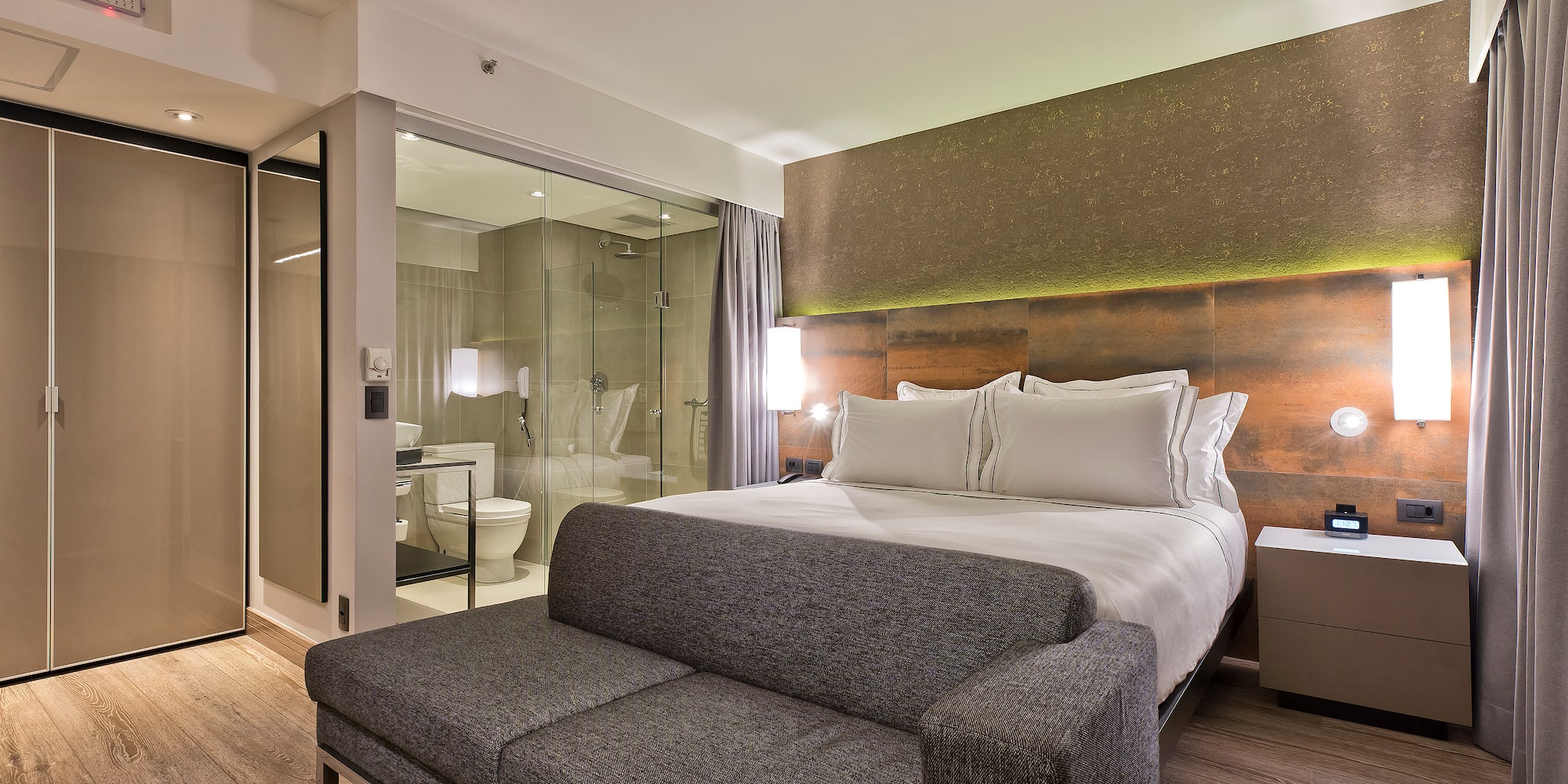 a bed in a hotel room