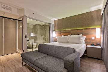 a bed in a hotel room