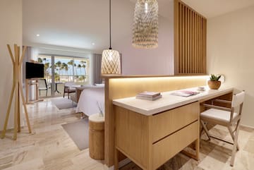 a room with a bed and a table