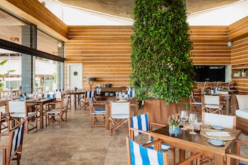 a room with tables and chairs and a tree