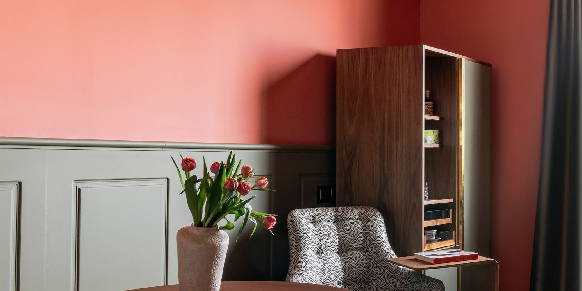 a room with a table and chairs