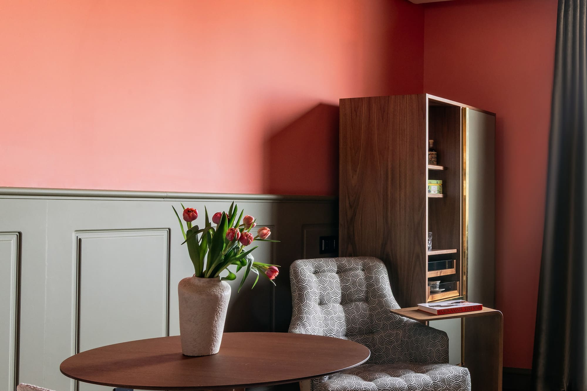 a room with a table and chairs