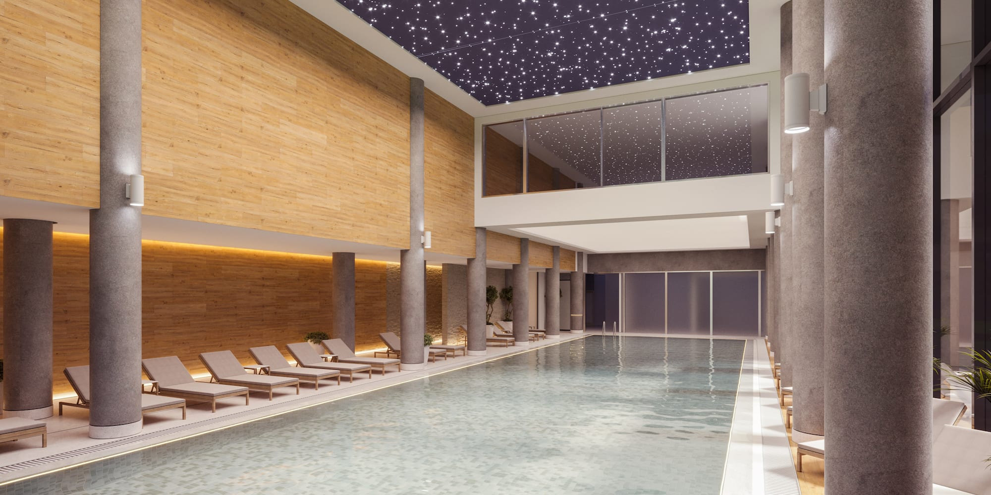 a swimming pool inside a building