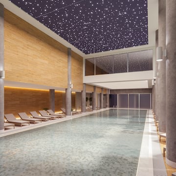 a swimming pool inside a building