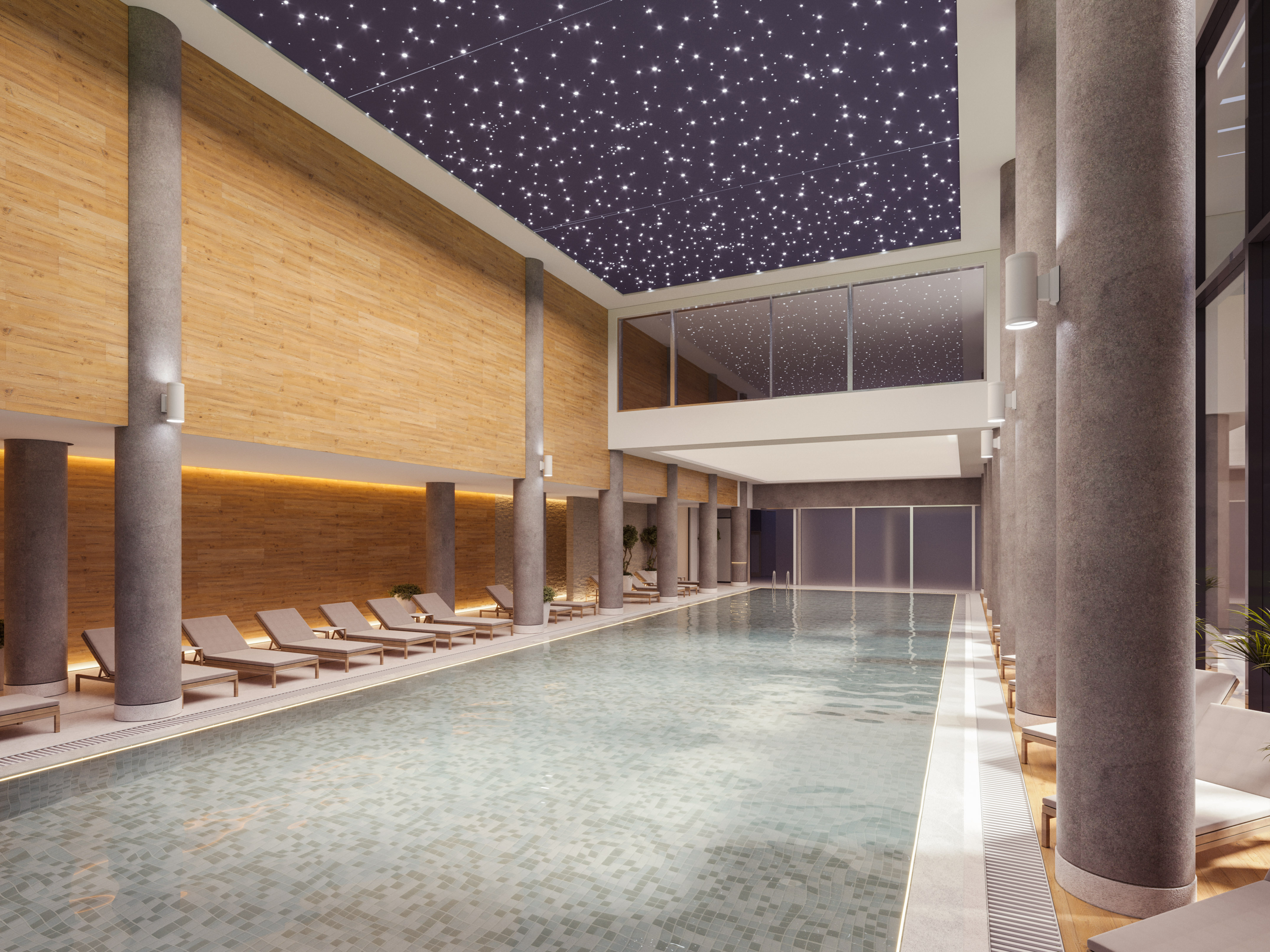 a swimming pool inside a building