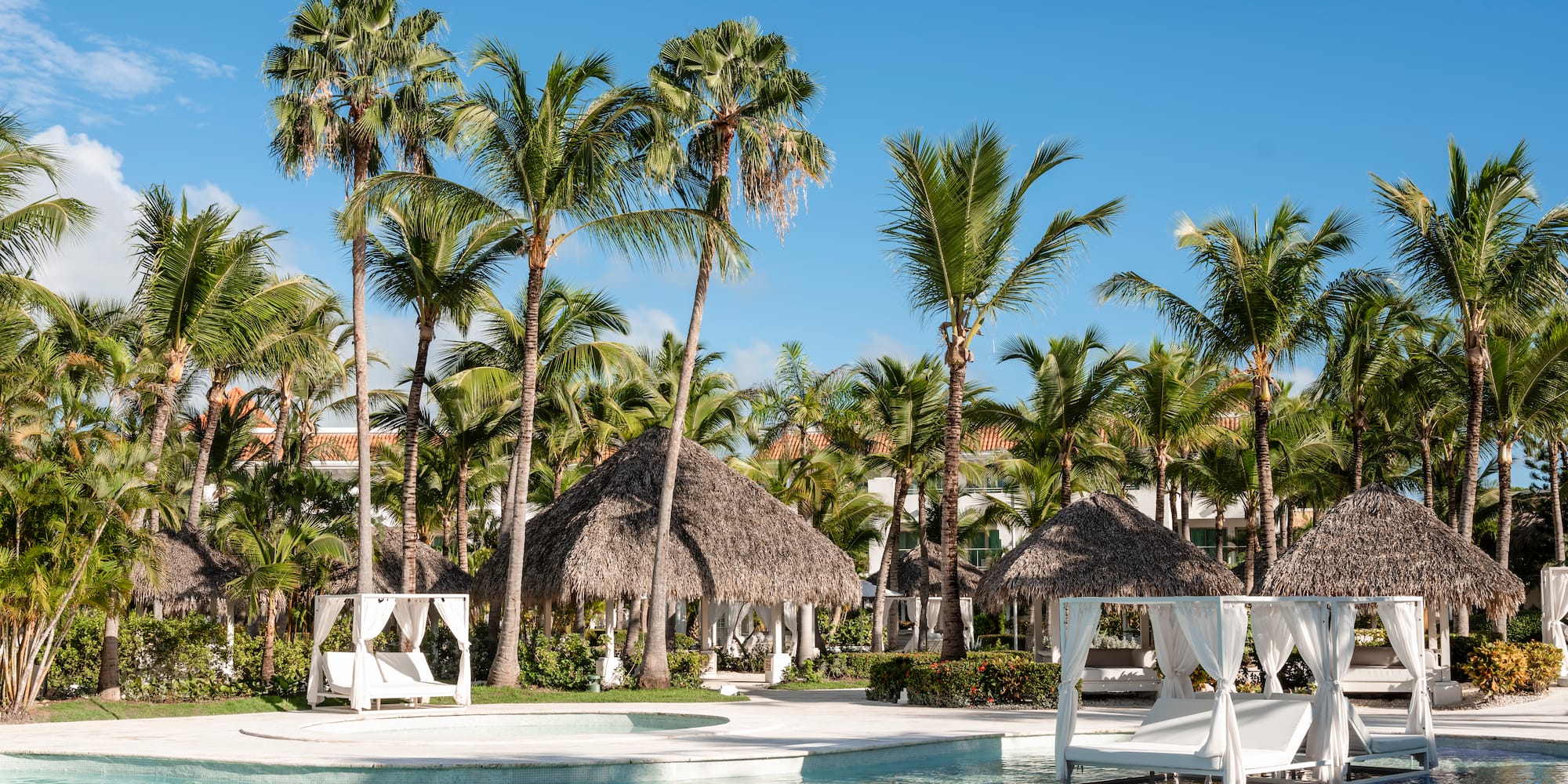 Resort pool with palm trees, thatch cabanas, and white daybeds.