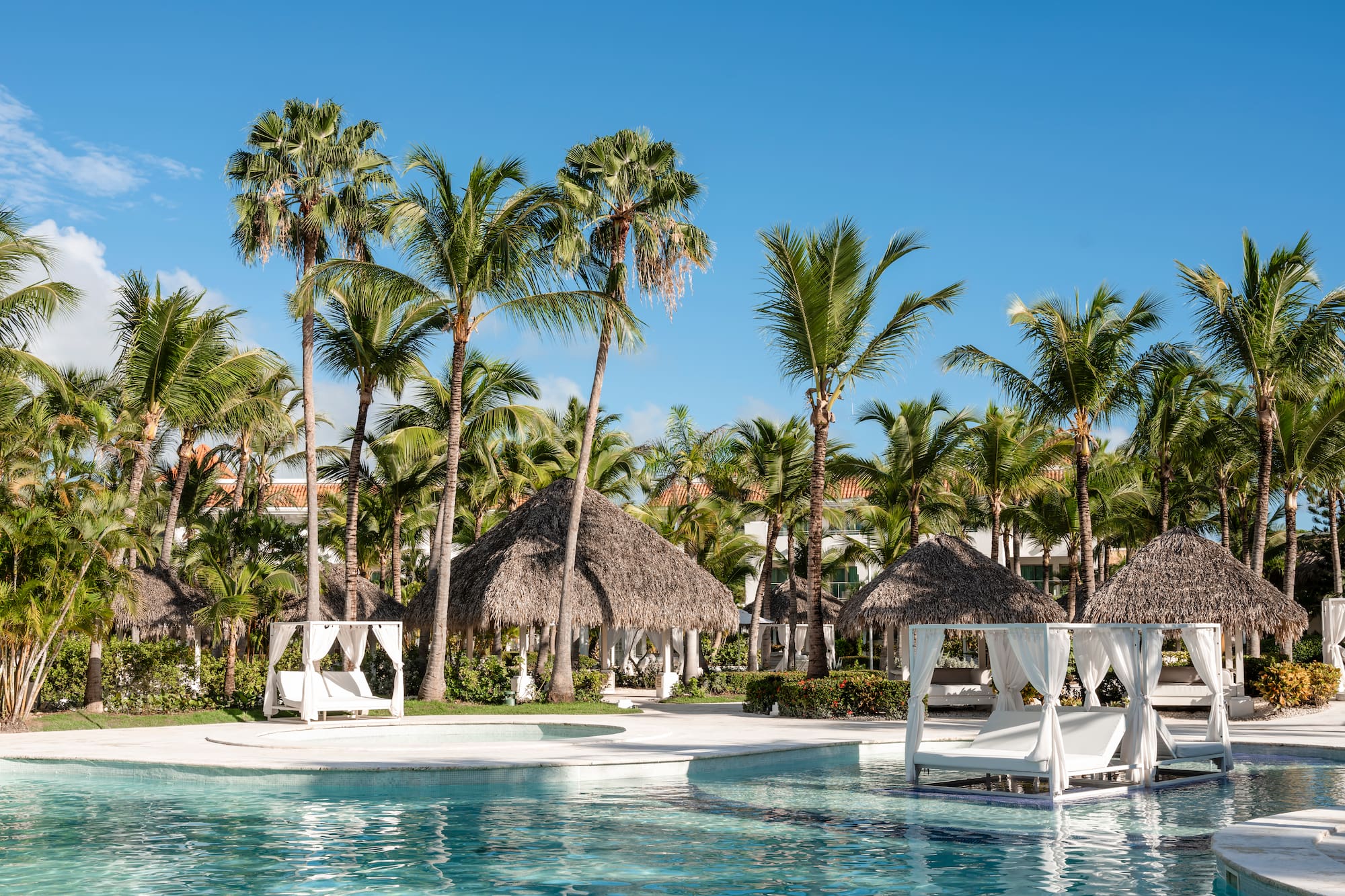 Resort pool with palm trees, thatch cabanas, and white daybeds.