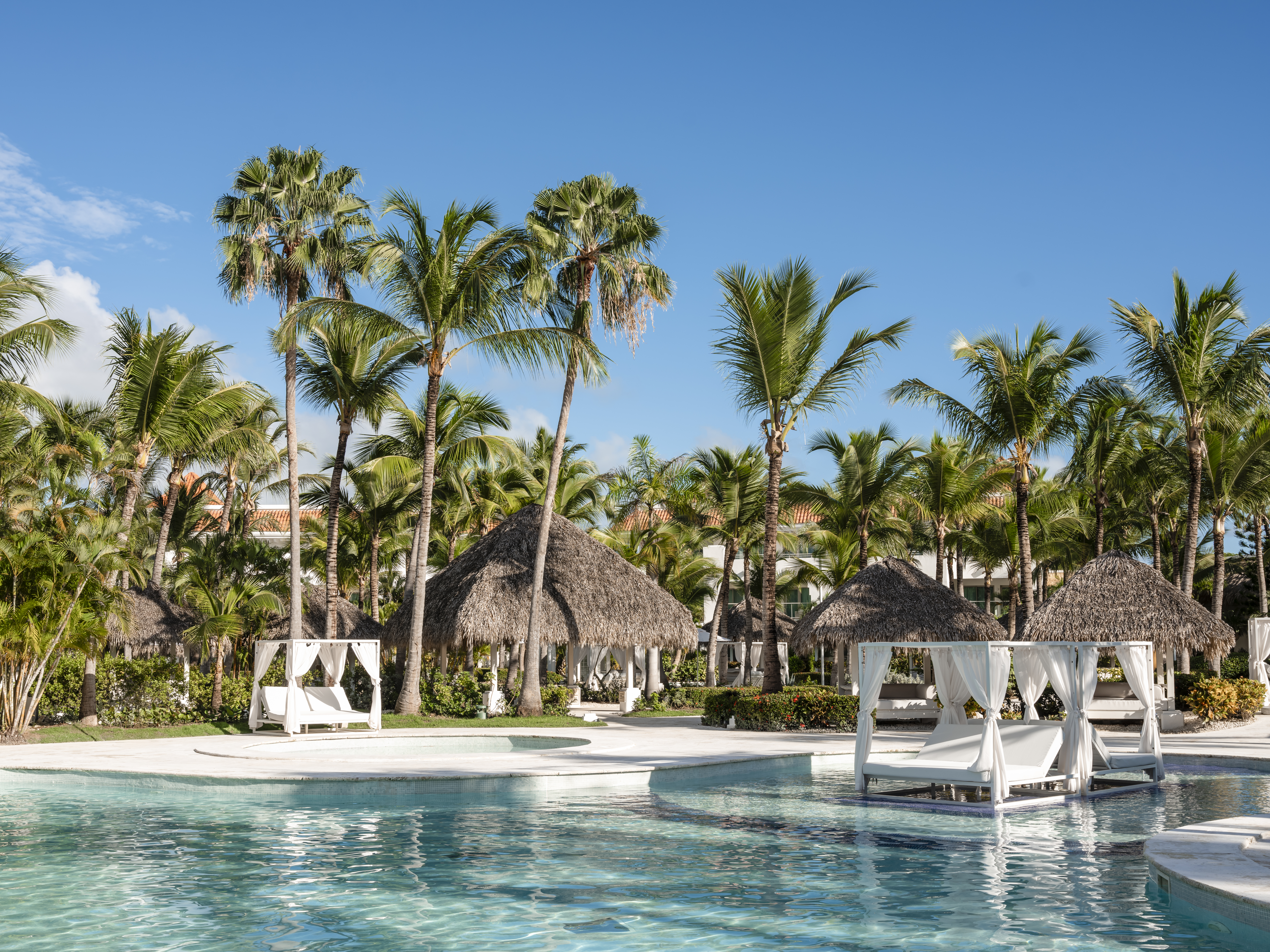 Resort pool with palm trees, thatch cabanas, and white daybeds.
