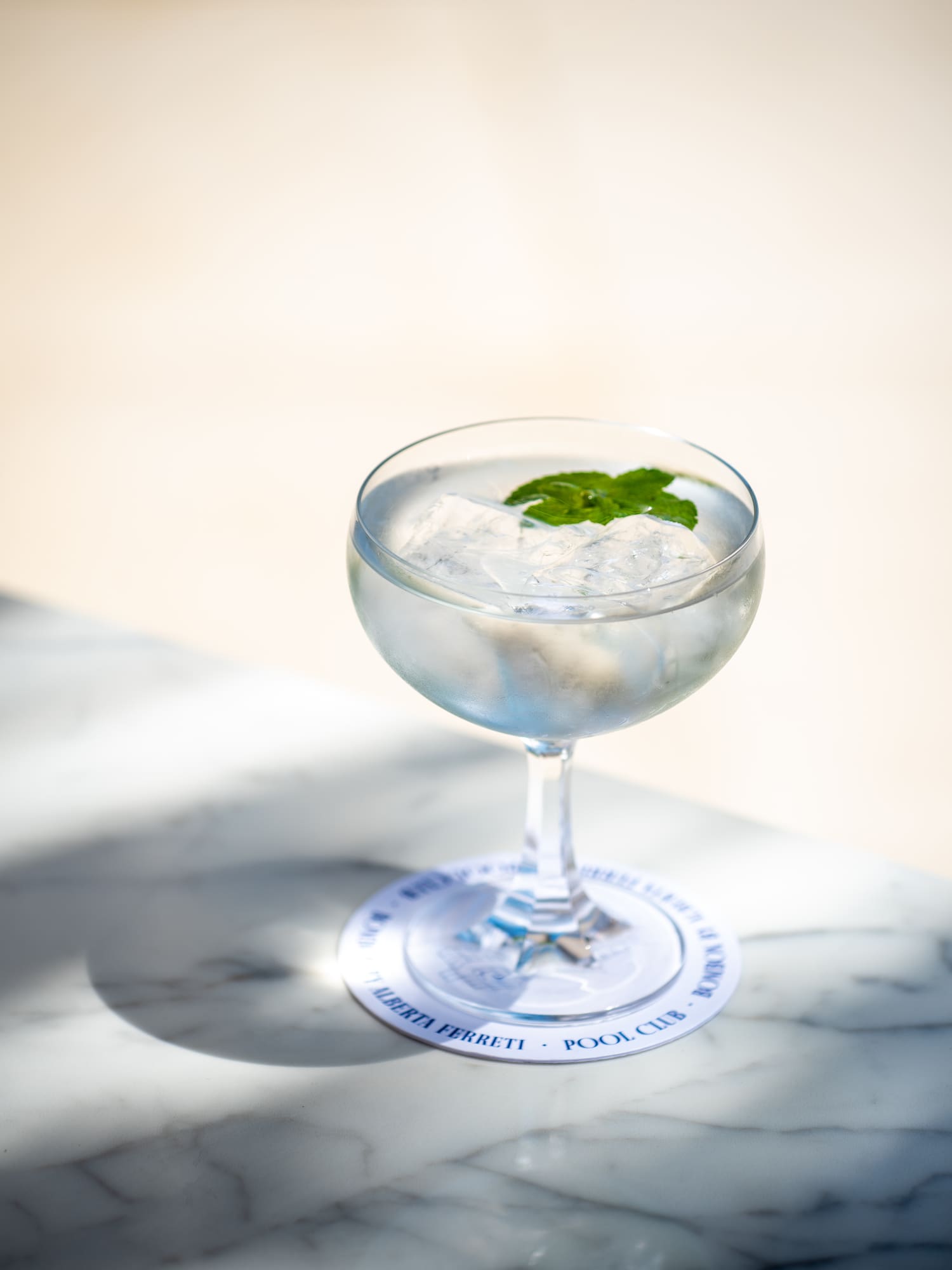 a glass of water with ice and mint leaves