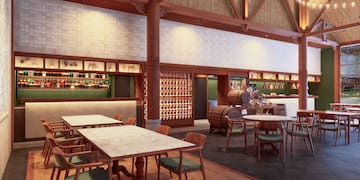 a room with tables and chairs