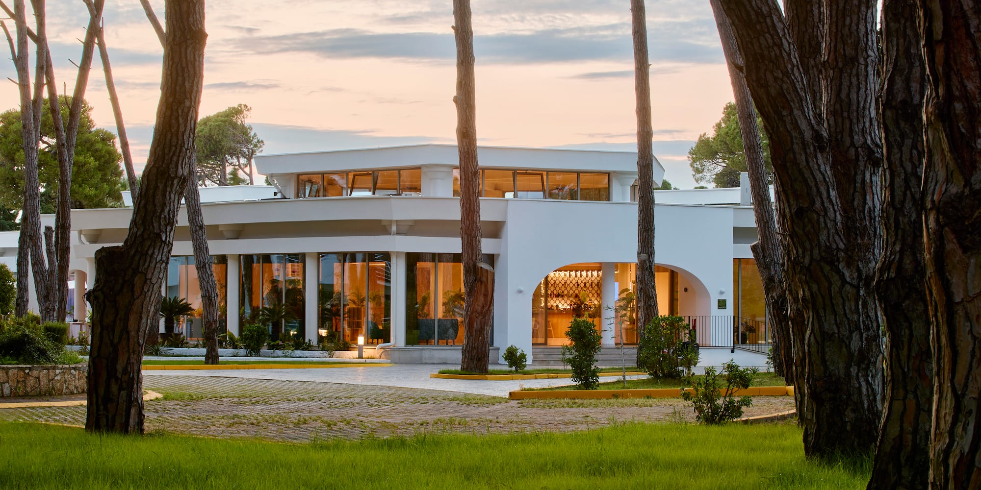 a building with trees around it