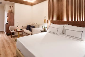 a room with a bed and couches