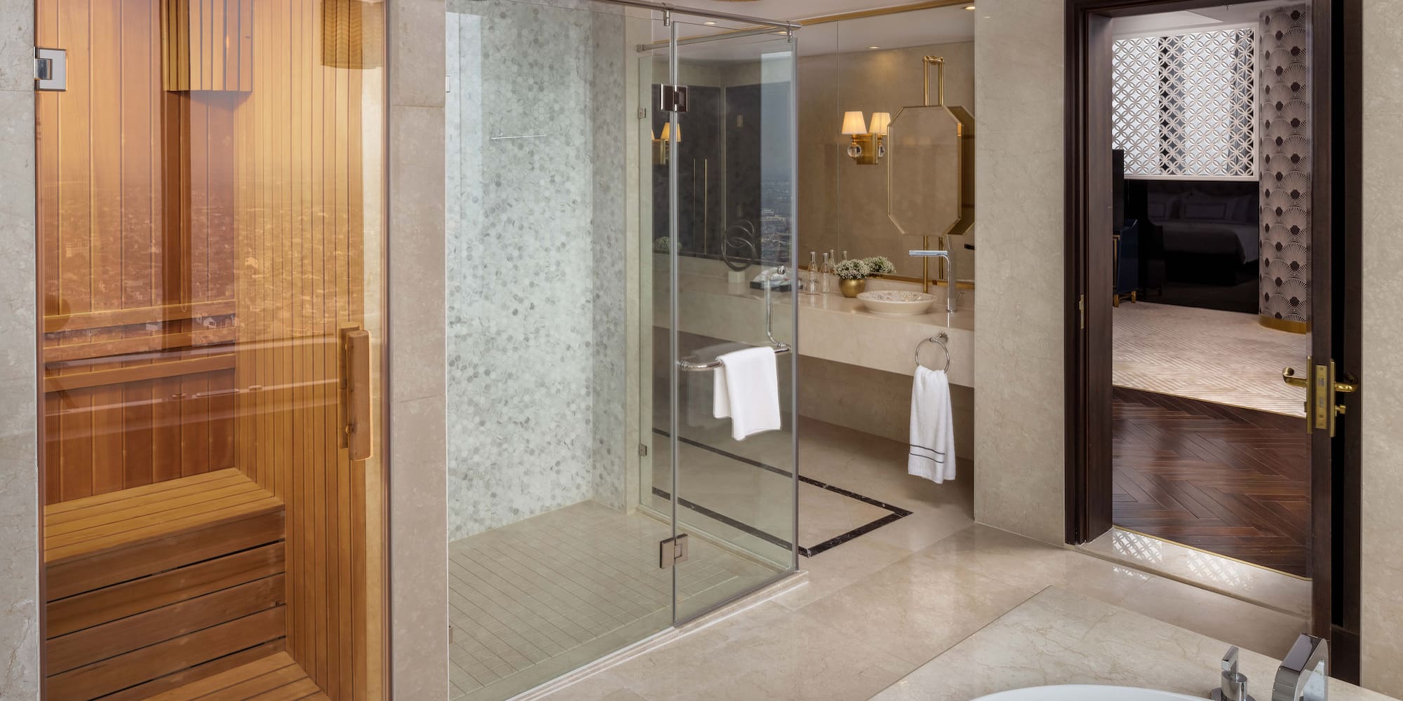 a bathroom with a bathtub and a shower