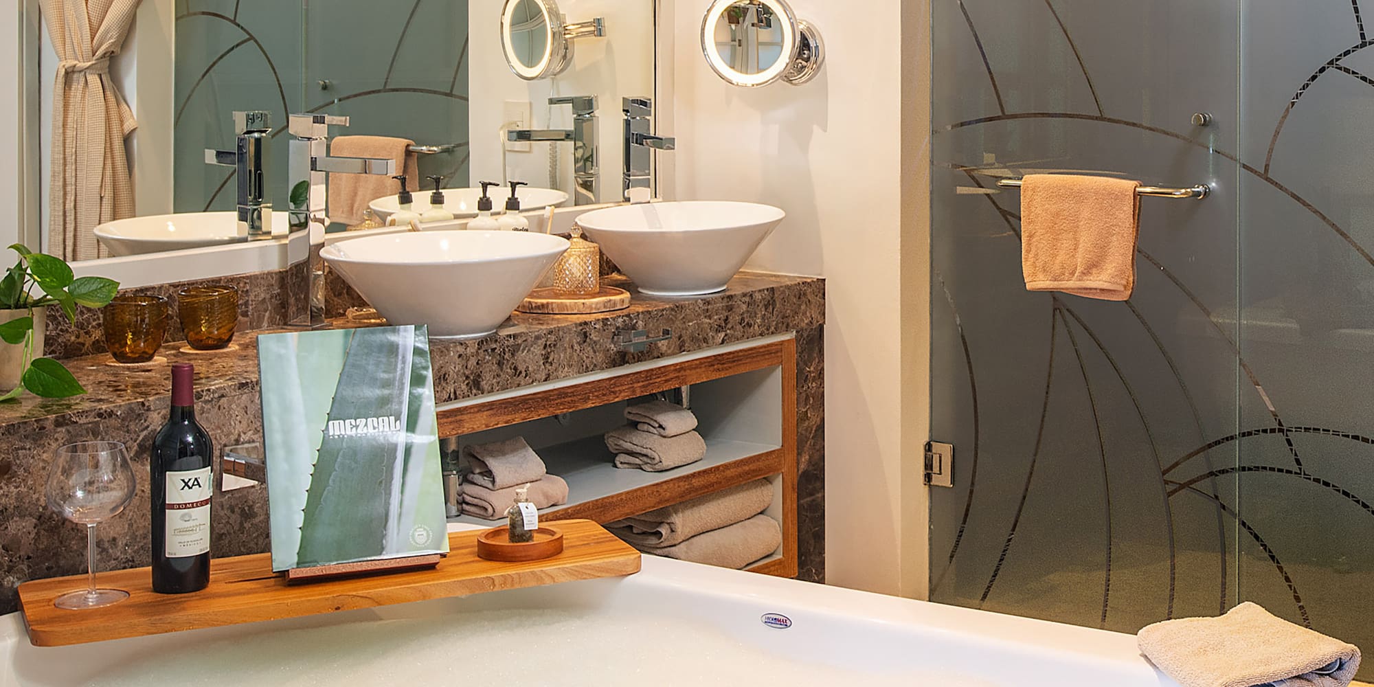 a bathroom with a tub and sink
