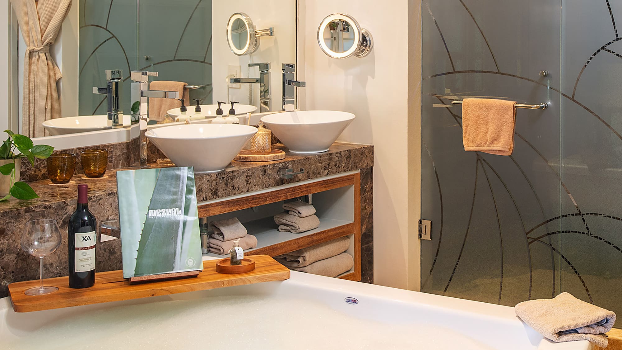 a bathroom with a tub and sink