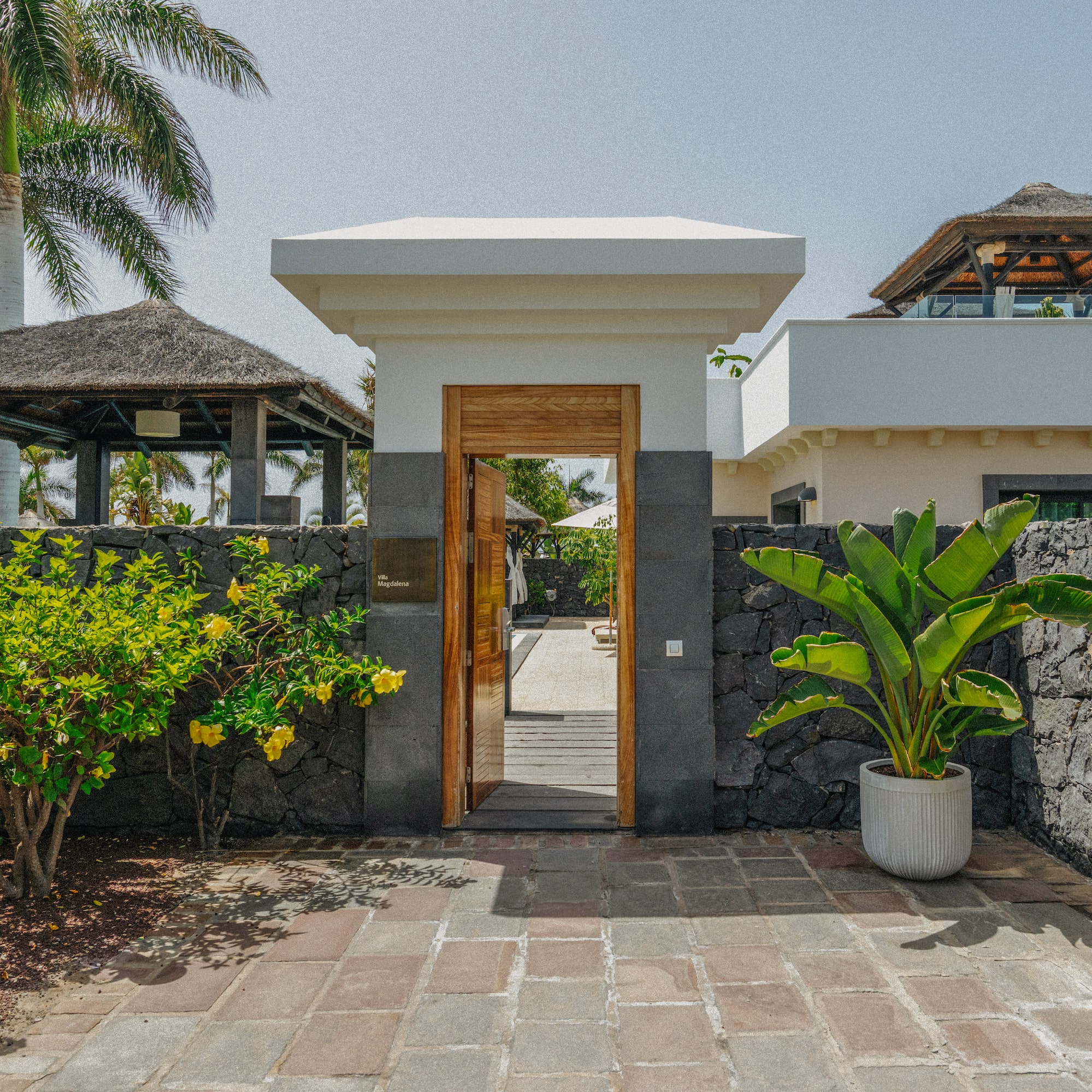 Villa Magdalena tropical entrance: open wooden door, stone wall, lush plants, palm trees.