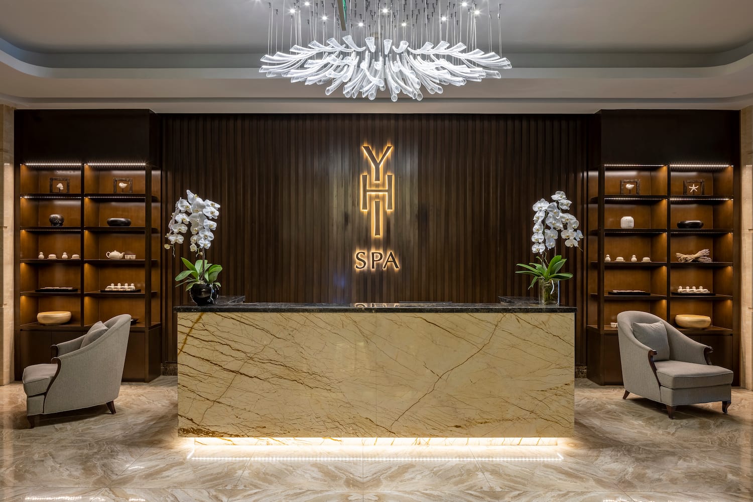 a reception desk in a hotel
