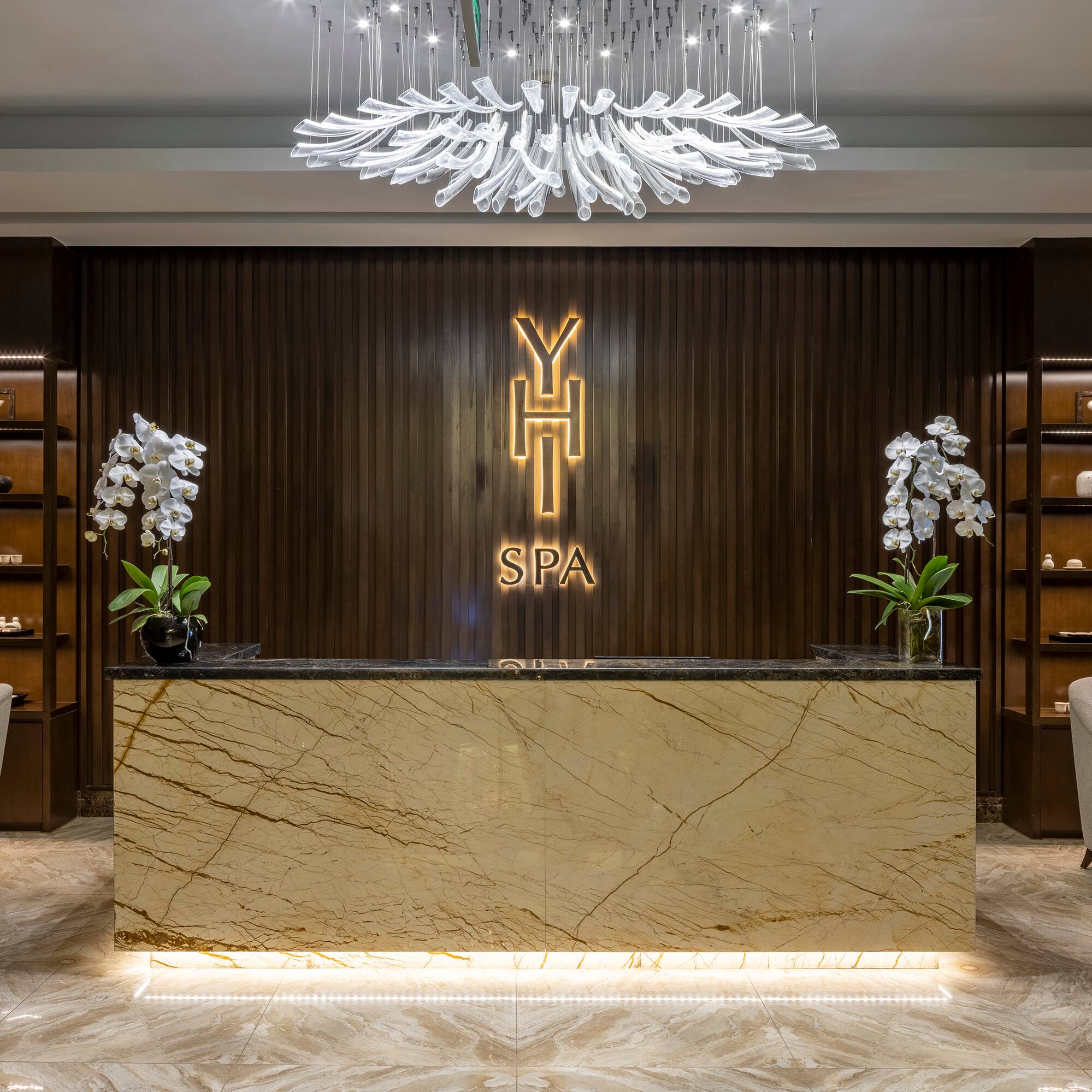 a reception desk in a hotel