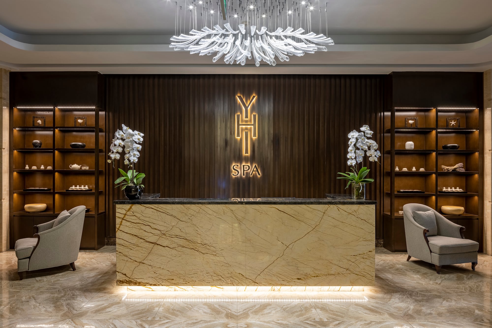a reception desk in a hotel