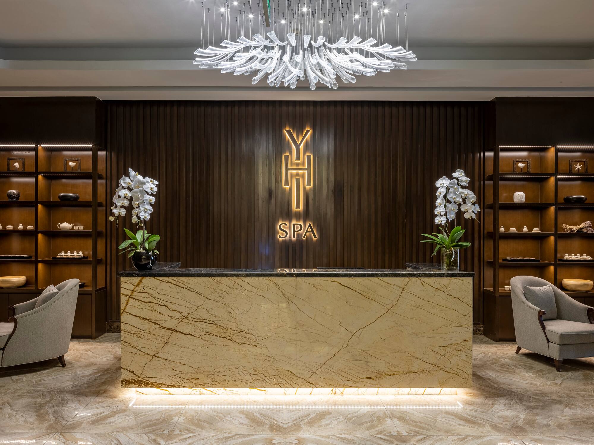 a reception desk in a hotel