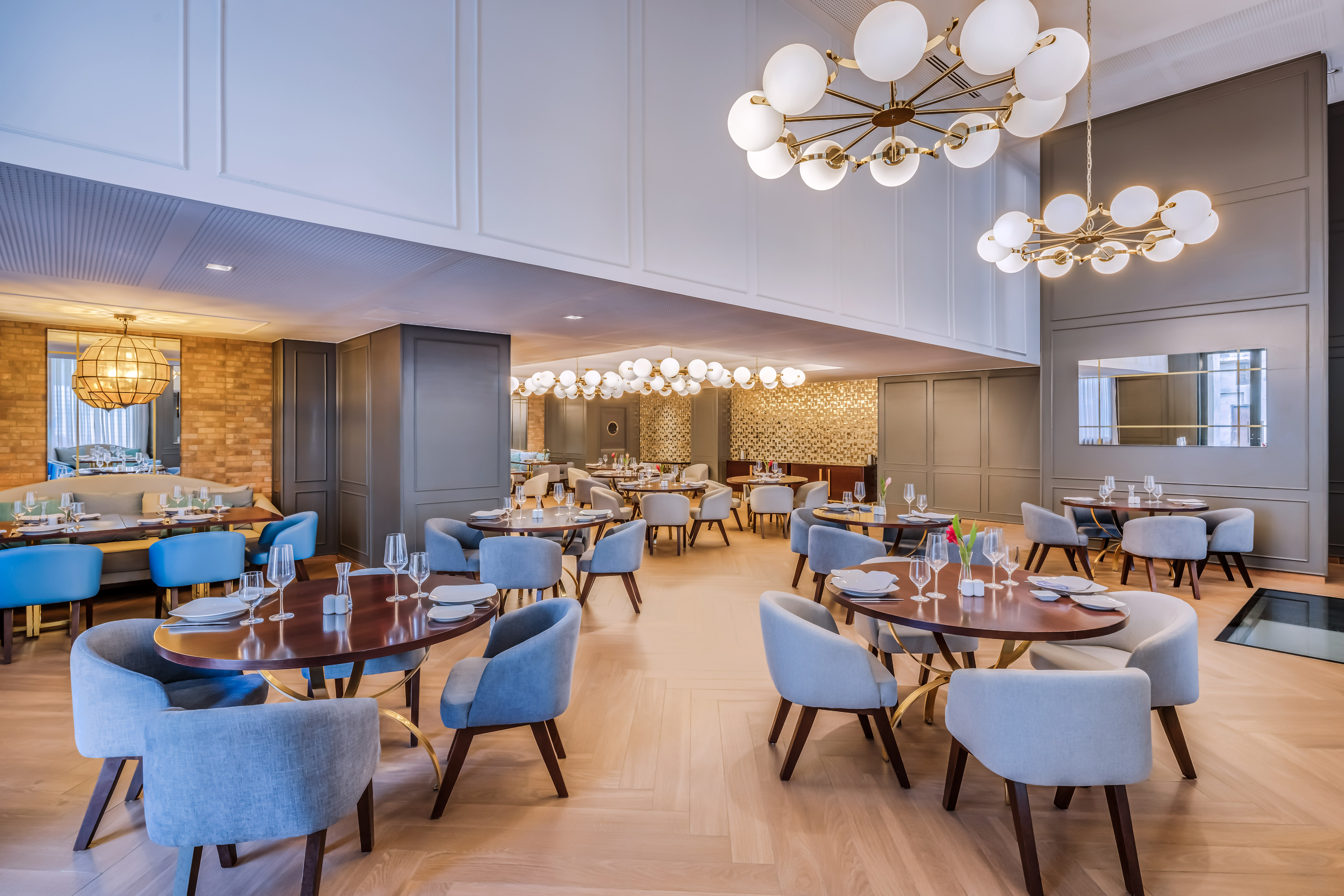 a room with tables and chairs