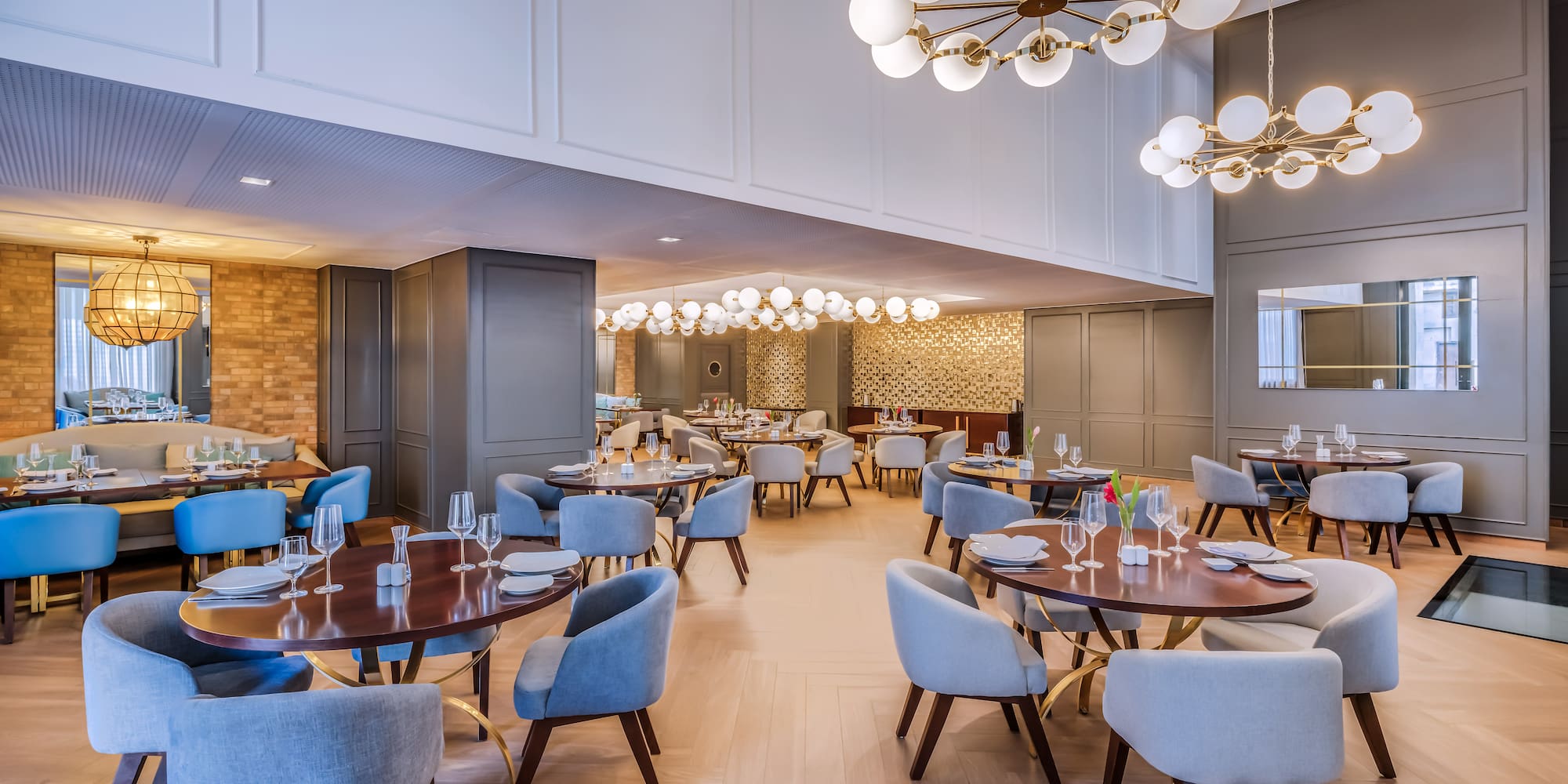 a room with tables and chairs